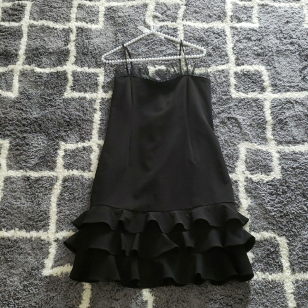 Bardot spaghetti strap black dress woth ruffles